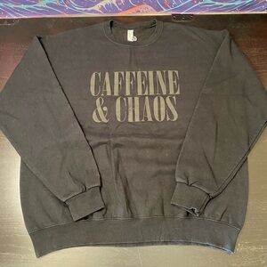Jerzees Black Crewneck Sweatshirt with Caffeine & Chaos Graphic